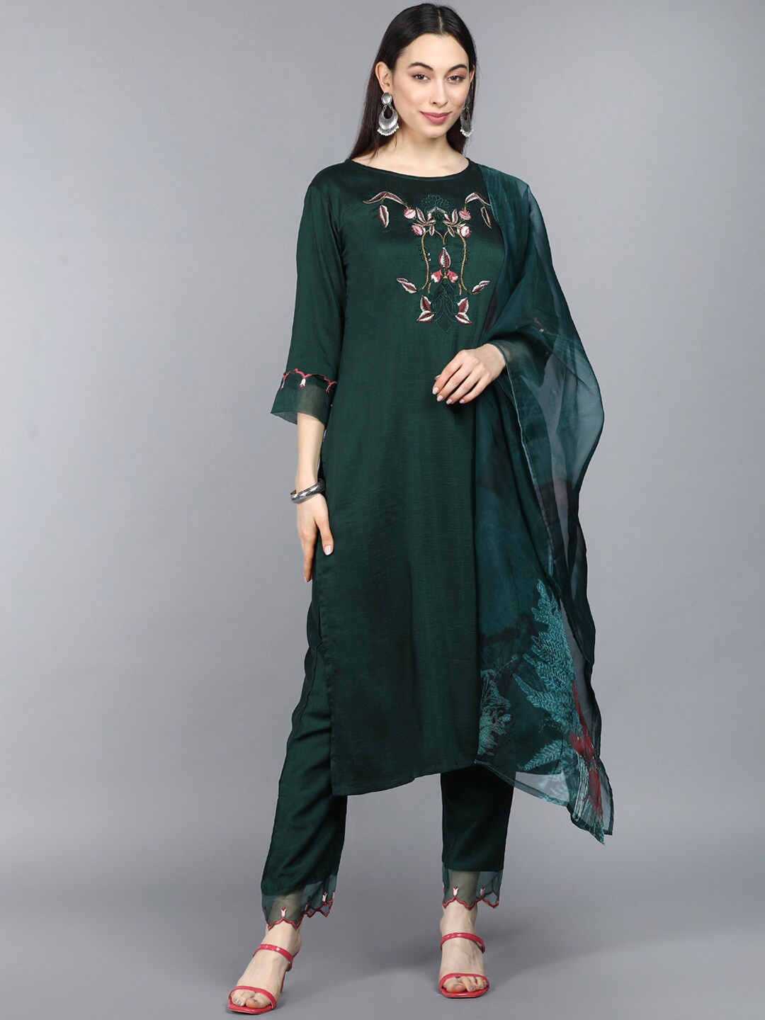

AHIKA Women Green Embroidered with Trousers & Dupatta