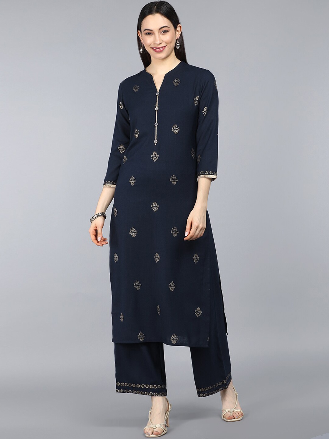 

AHIKA Women Navy Blue Printed Kurta With Trousers