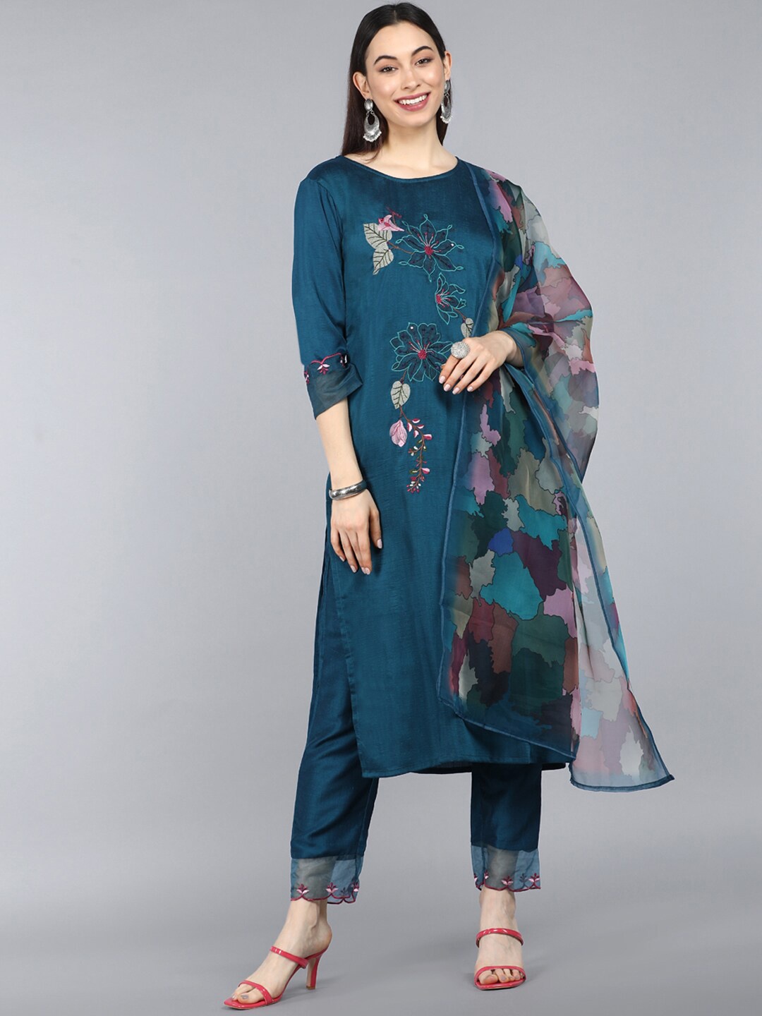 

AHIKA Women Teal Floral Embroidered Kurta with Trousers & With Dupatta