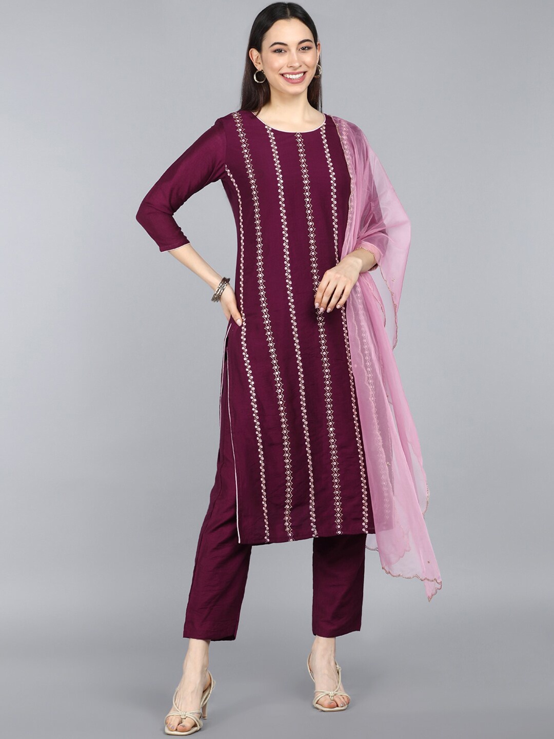 

AHIKA Women Burgundy Kurta with Trousers & Dupatta