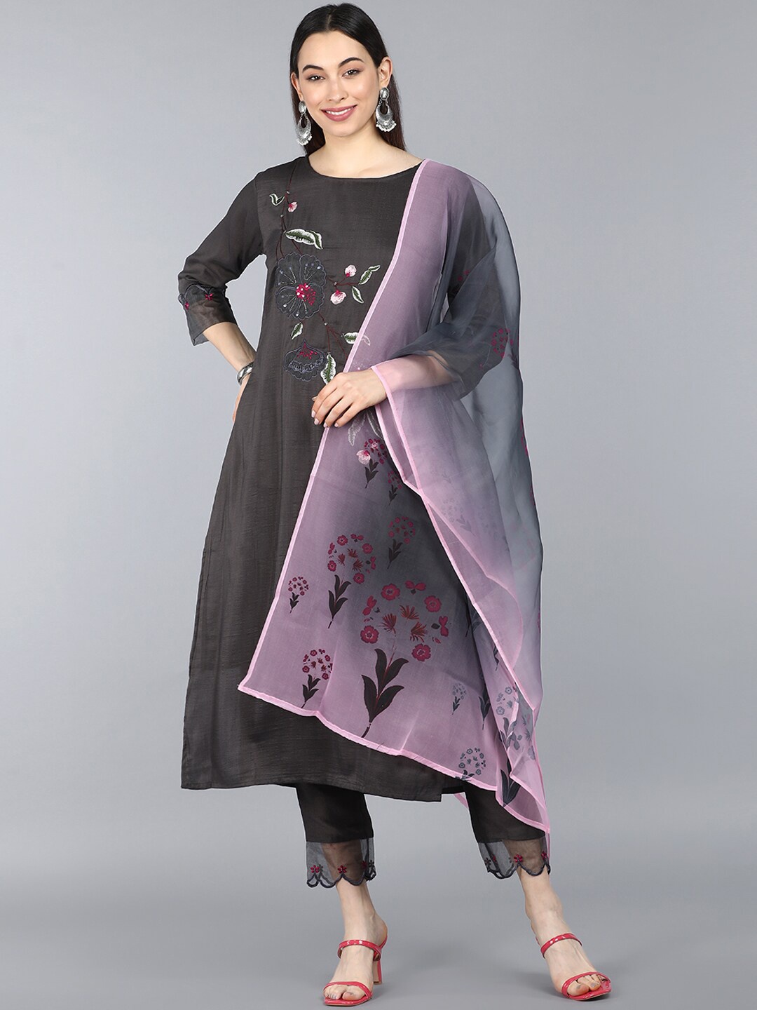 

AHIKA Women Taupe Floral Embroidered Kurta with Trousers & Dupatta