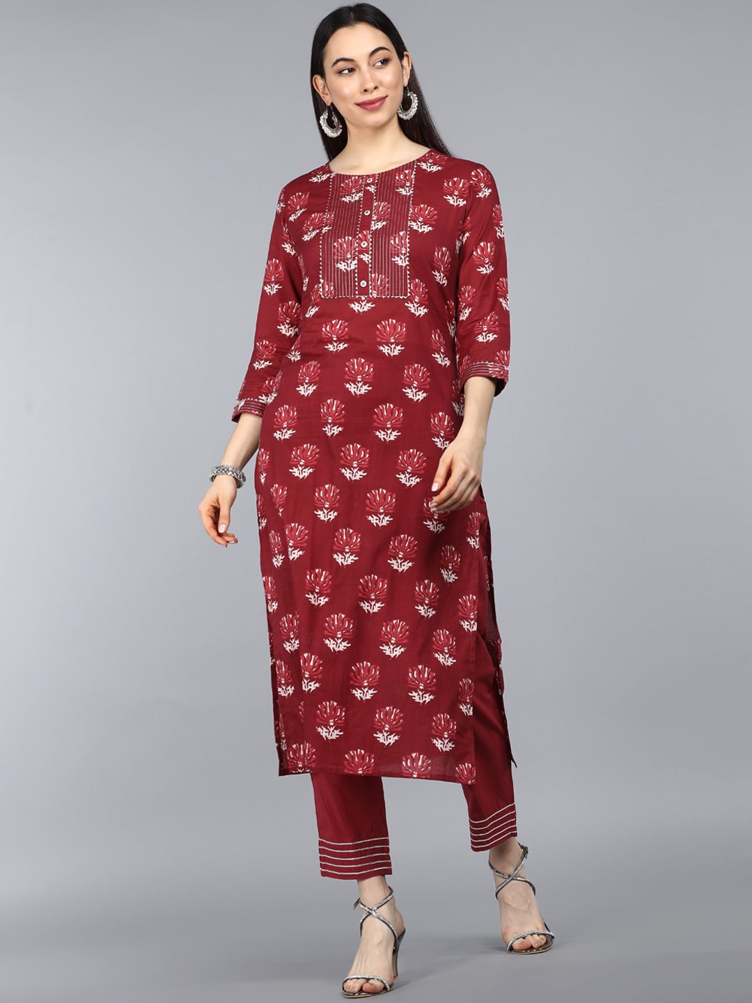 

AHIKA Women Maroon Floral Printed Pure Cotton Kurta with Trousers