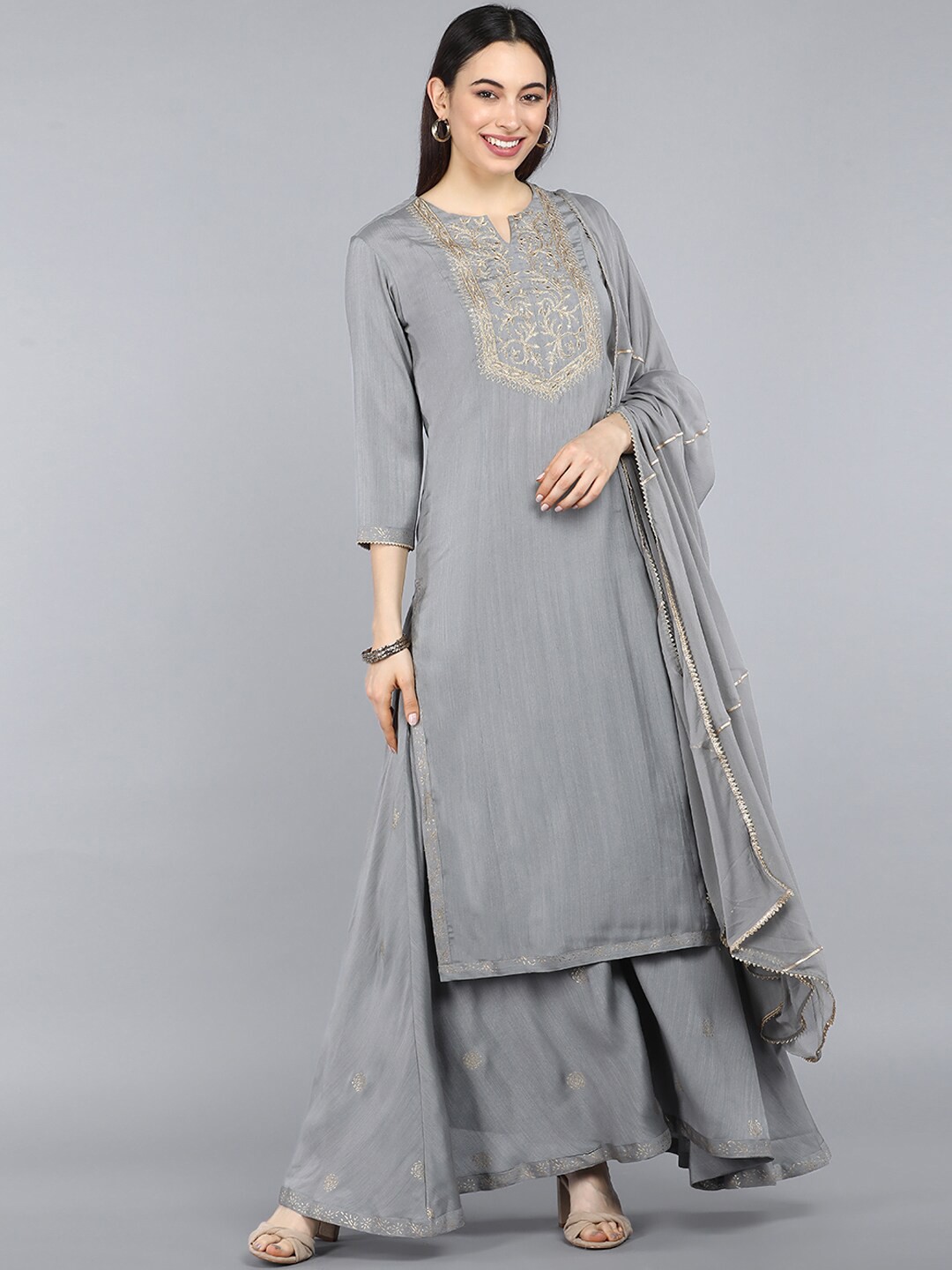 

AHIKA Women Grey Yoke Design Kurta With Sharara & Dupatta