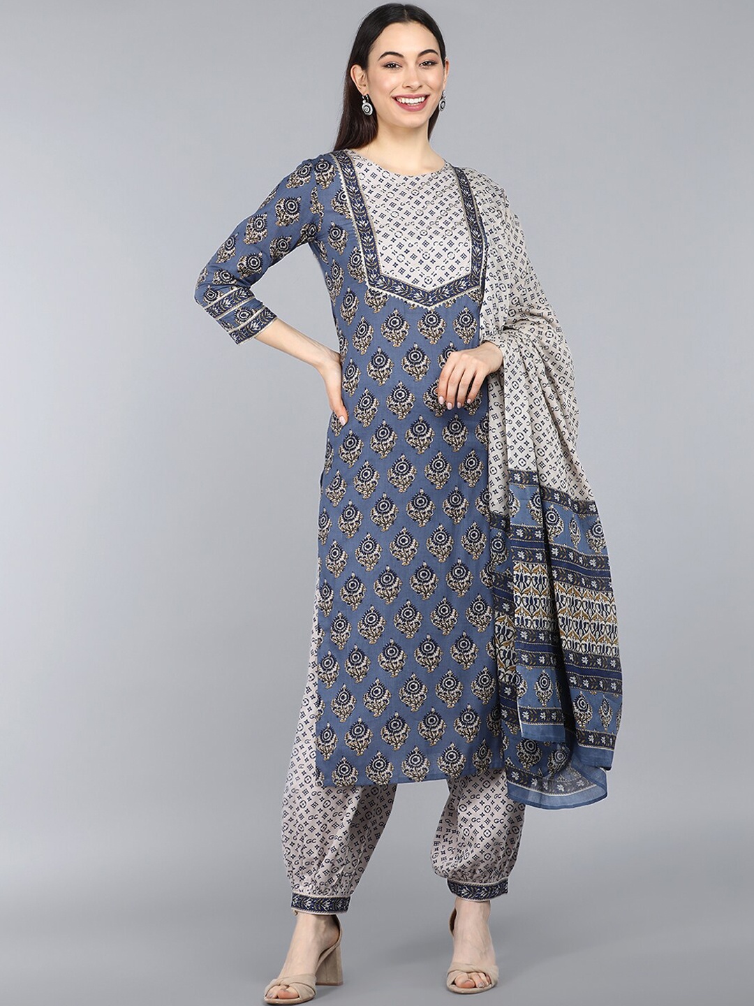 

AHIKA Women Blue Ethnic Motifs Printed Pure Cotton Kurta Set With Dupatta