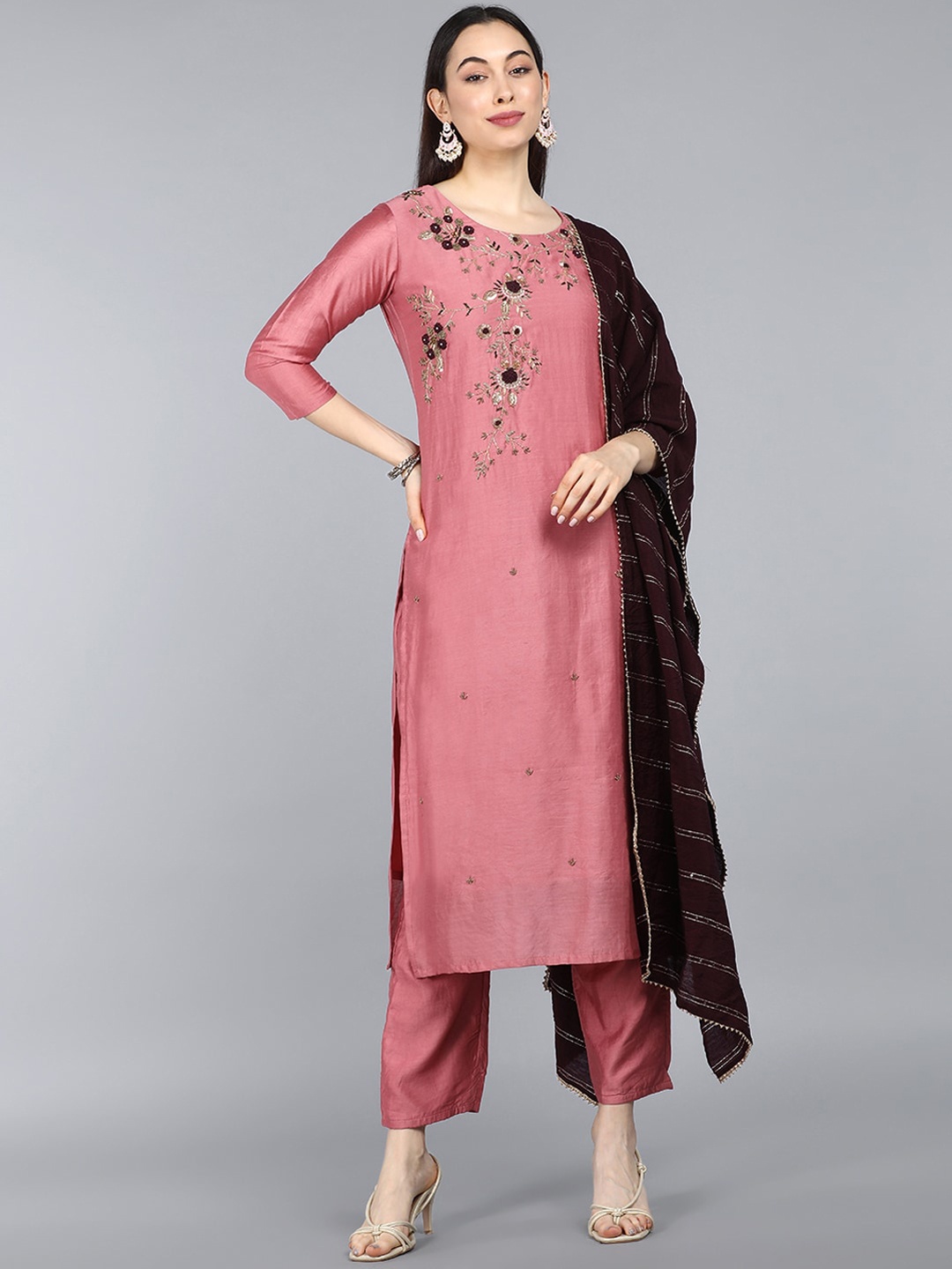 

AHIKA Women Mauve Floral Embroidered Kurta with Trousers & Dupatta