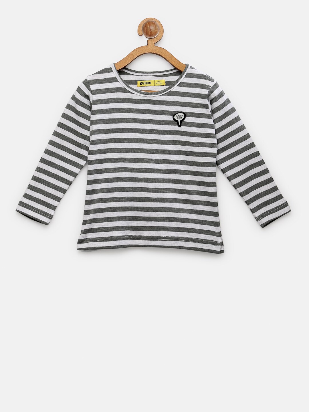 

NYNSH Girls Grey & Off White Striped Pure Cotton T-shirt