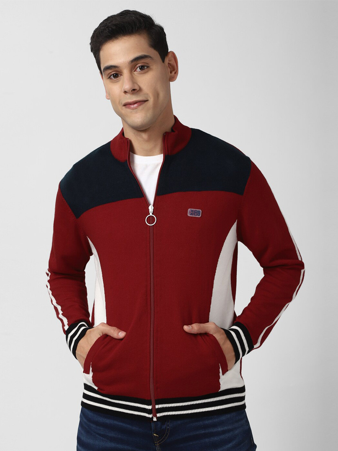 

Peter England Casuals Men Maroon & White Colourblocked Acryli Pullover