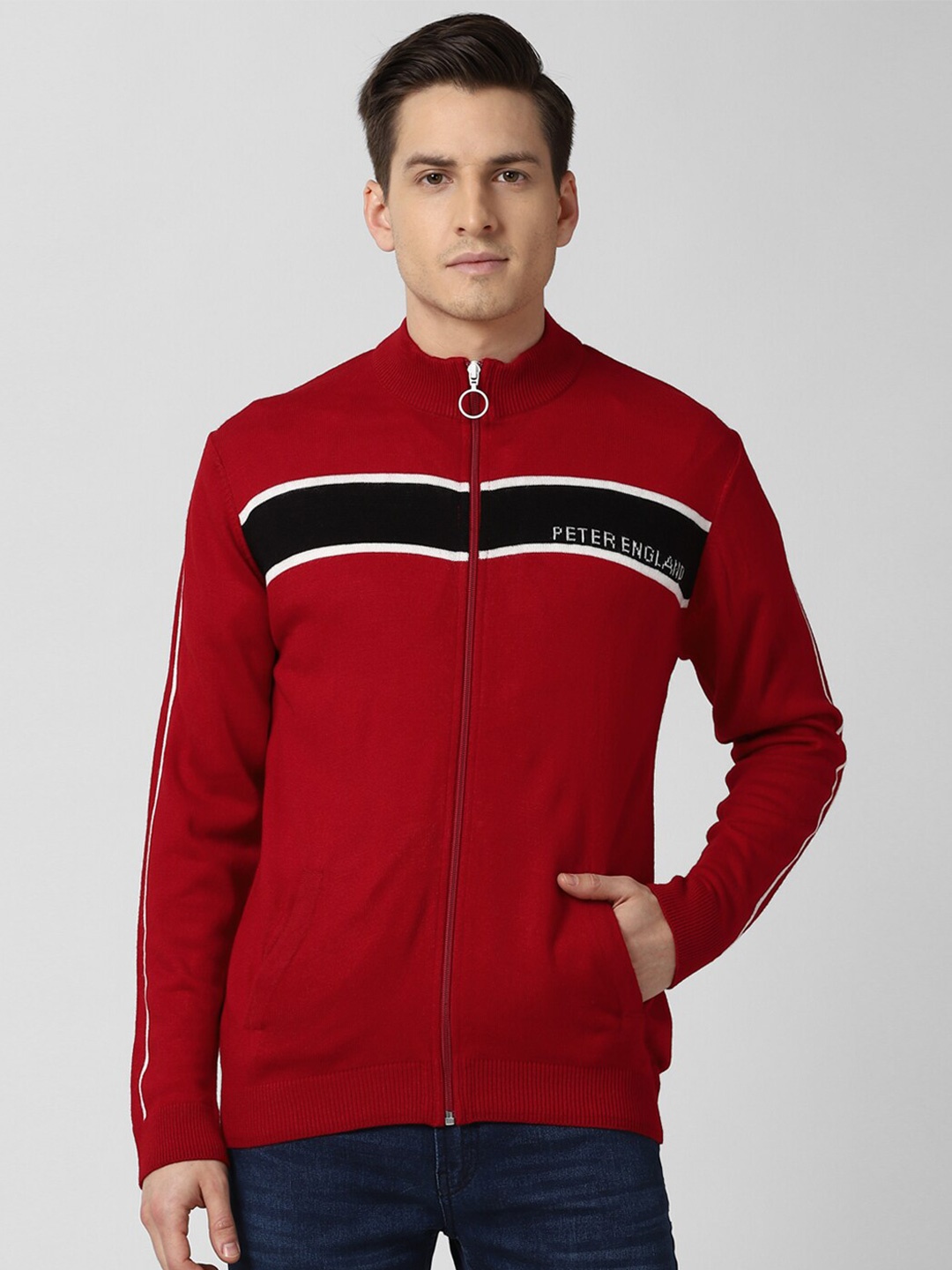

Peter England Casuals Men Maroon & White Striped Cardigan with Zip Detail