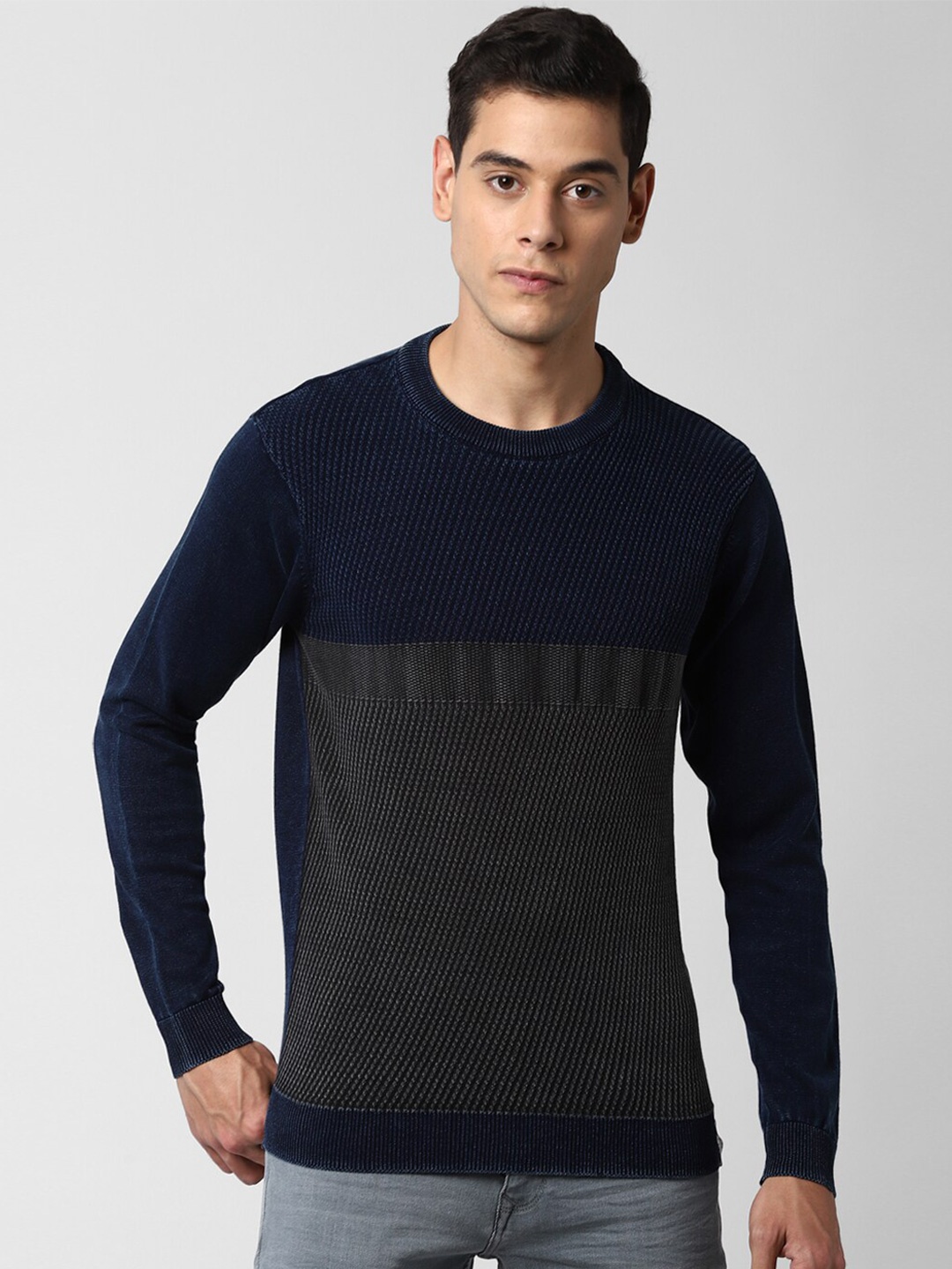 

Peter England Casuals Men Navy Blue & Grey Pure Cotton Pullover