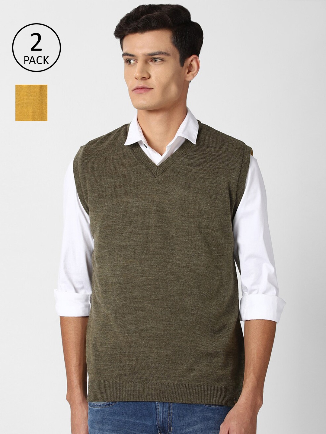

Peter England Casuals Men Pack Of 2 Olive Green & Mustard Yellow Pure Acrylic Sweater Vest