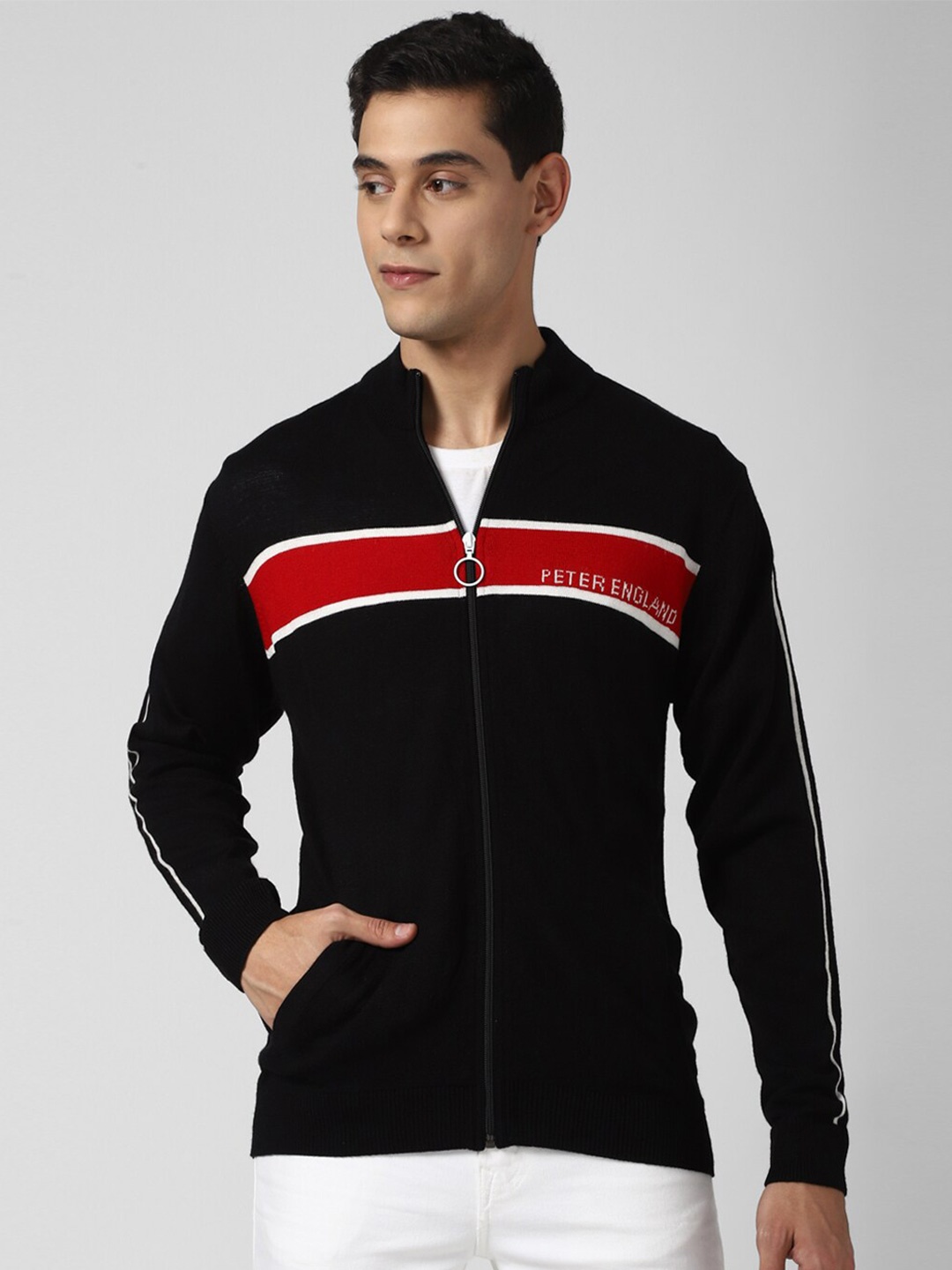 

Peter England Casuals Men Black & Red Striped Cardigan