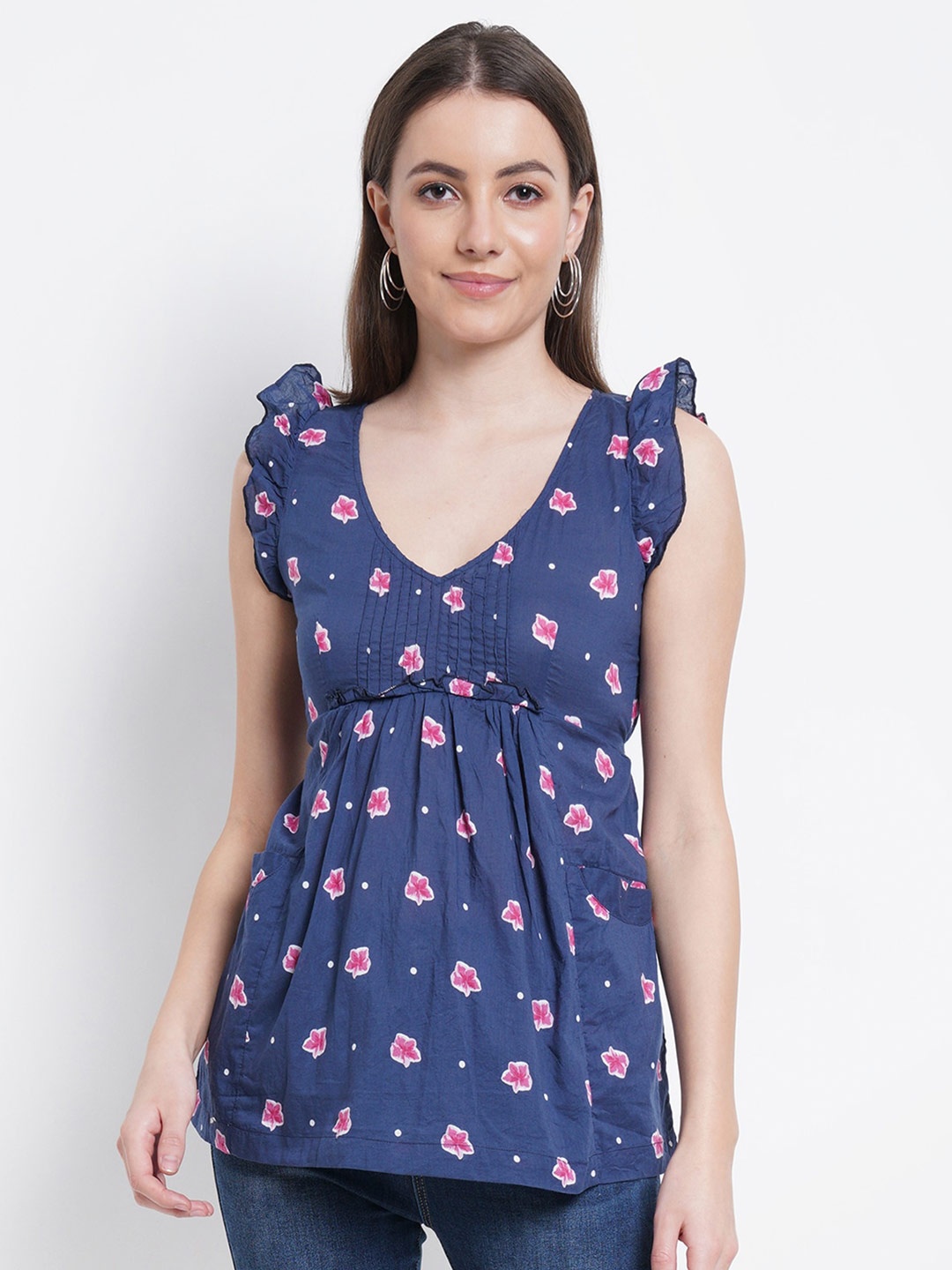

Purple State Blue & Pink Floral Print Pure Cotton Empire Longline Top