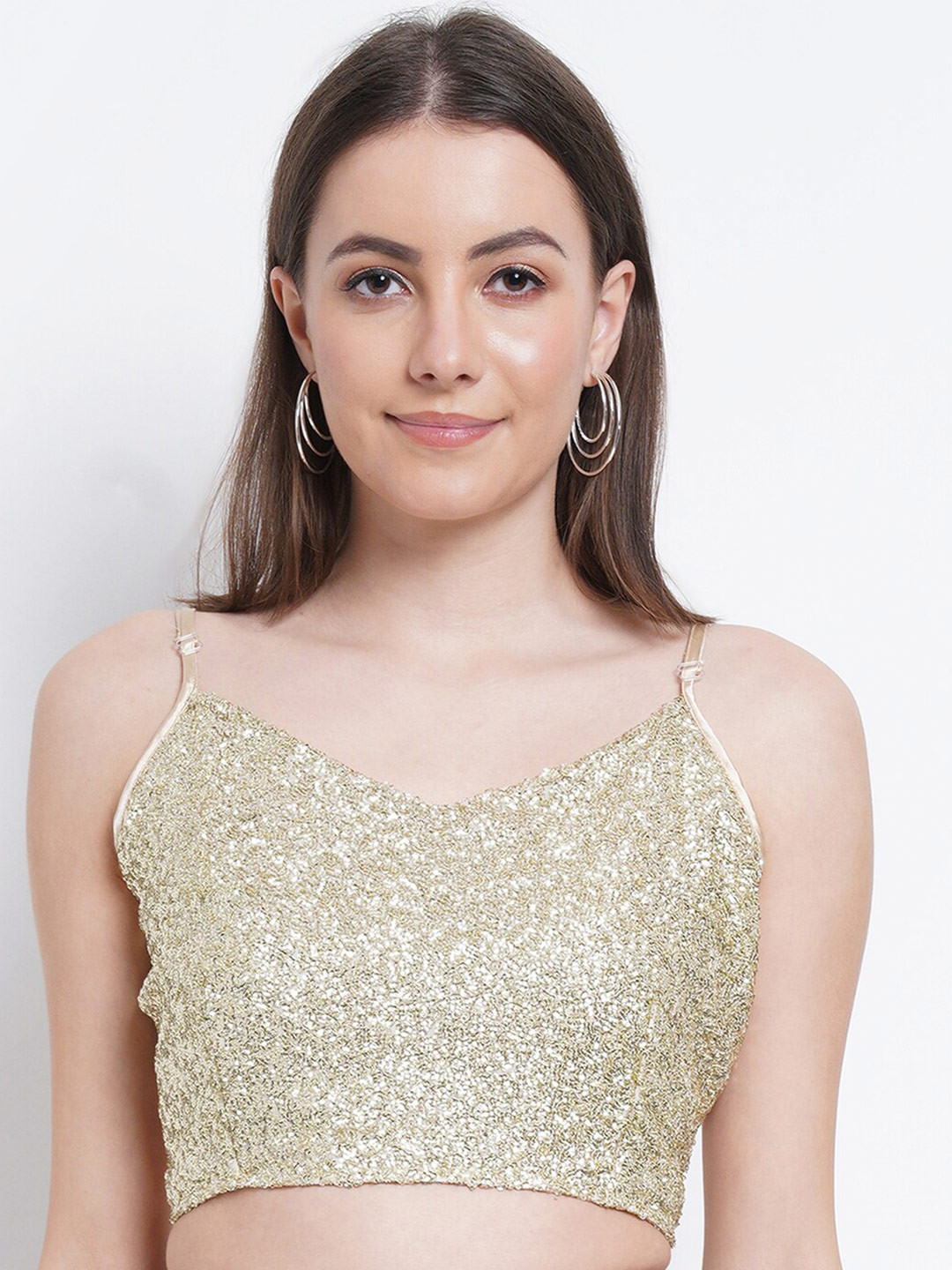 

Purple State Gold-Coloured Embellished Sequined Crop Top