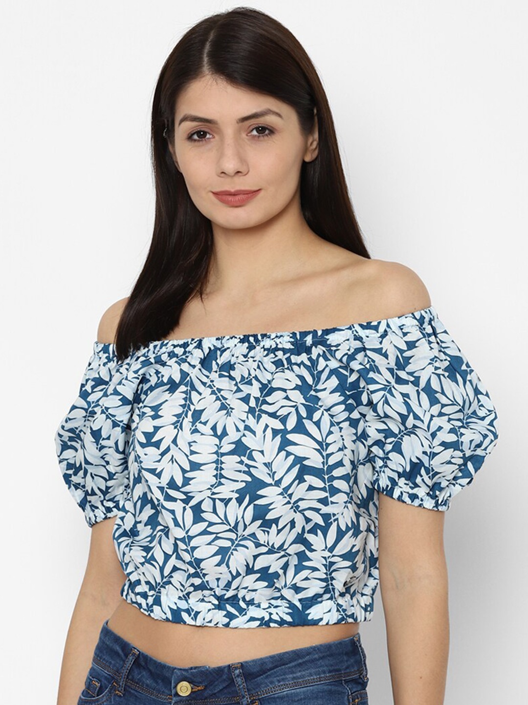 

Allen Solly Woman Blue Tropical Print Off-Shoulder Bardot Crop Top