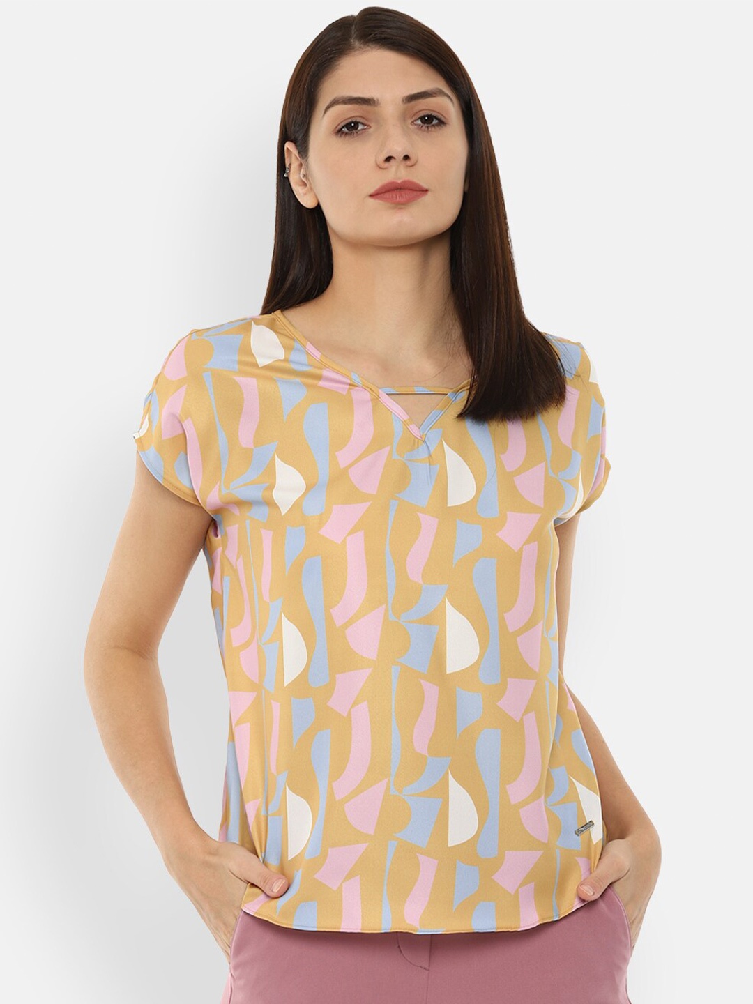 

Van Heusen Woman Tan & Beige Geometric Print Keyhole Neck Top