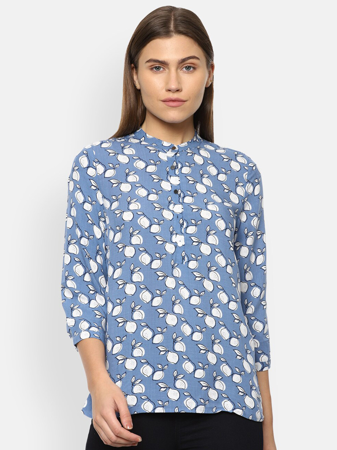 

Van Heusen Woman Blue Floral Print Mandarin Collar Top