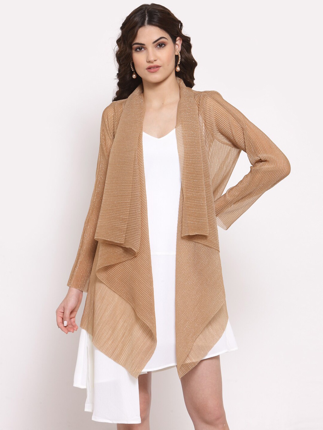 

LELA Women Beige Longline Waterfall Shrug