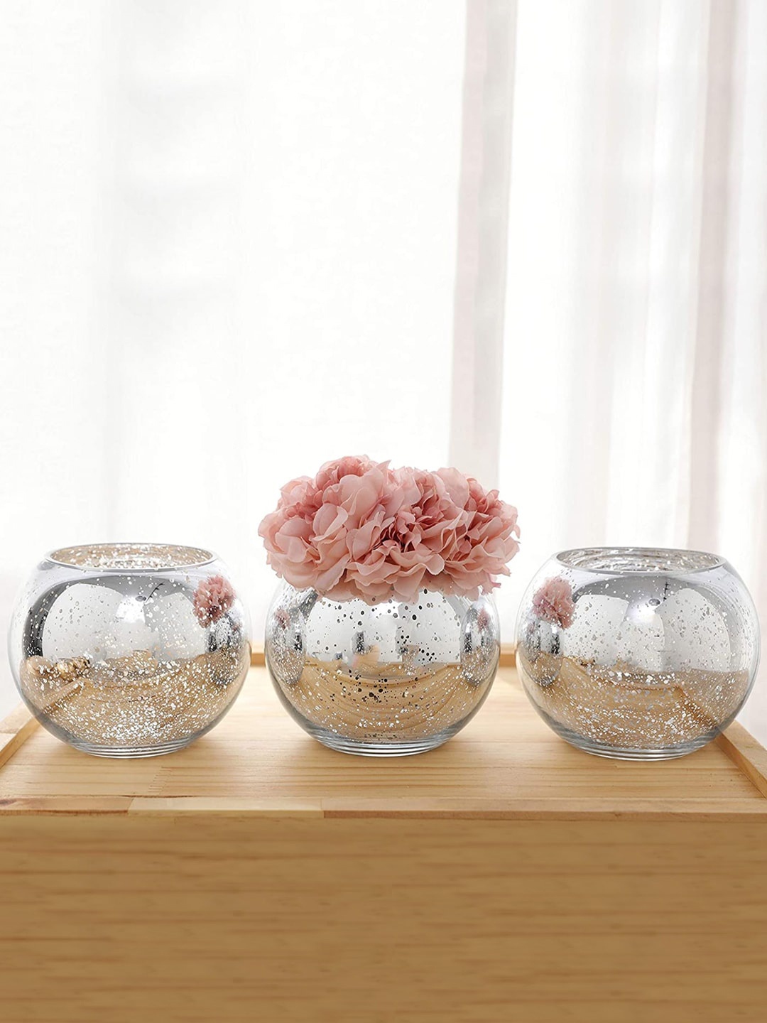 

TIED RIBBONS Set Of 3 Silver-Toned Decorative Mercury Glass Vases