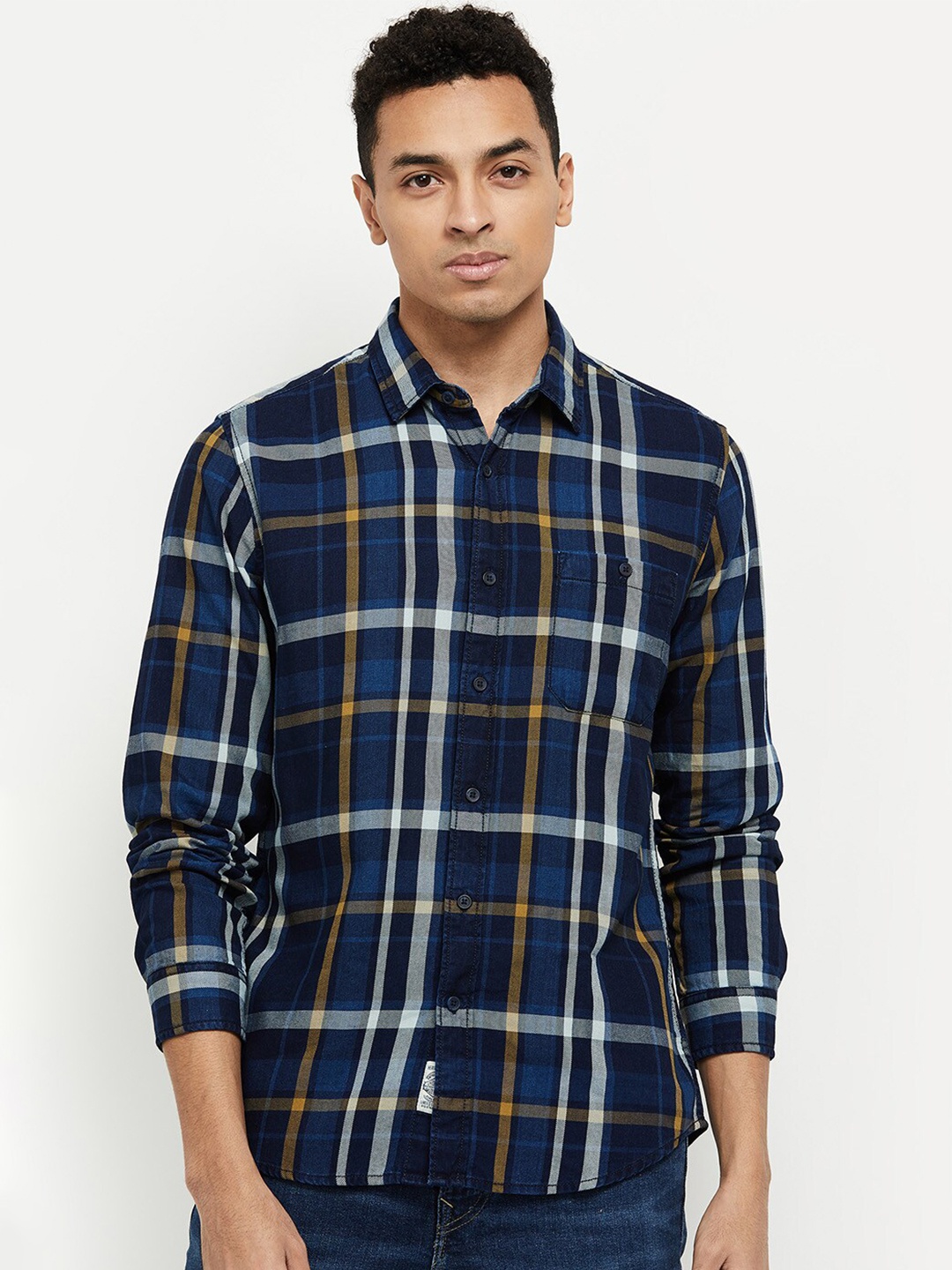 

max Men Navy Blue & White Tartan Cotton Checked Casual Shirt