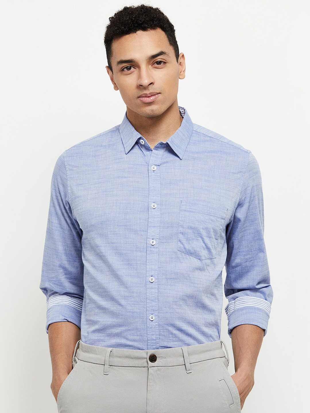 

max Men Blue Pure Cotton Casual Shirt