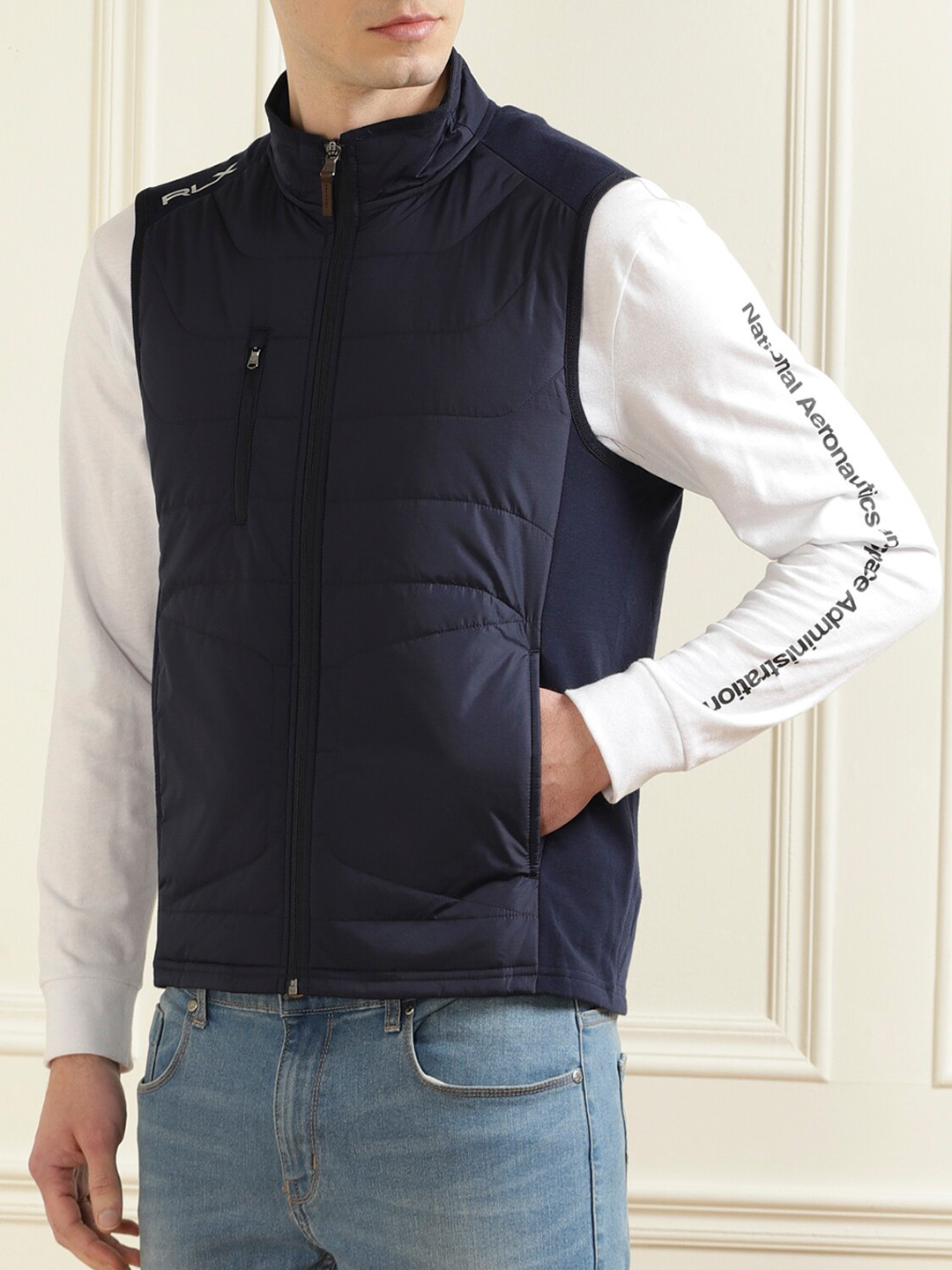 

Polo Ralph Lauren Men Navy Blue & White Colourblocked Windcheater Padded Jacket