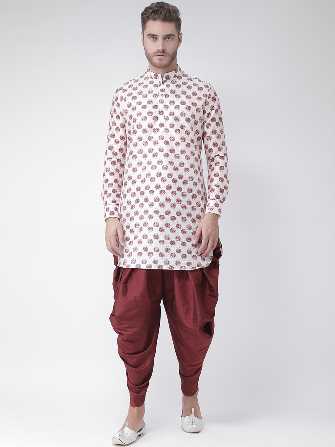 

DEYANN Men Off White Floral Printed Dupion Silk Pathani Kurta with Dhoti Pants