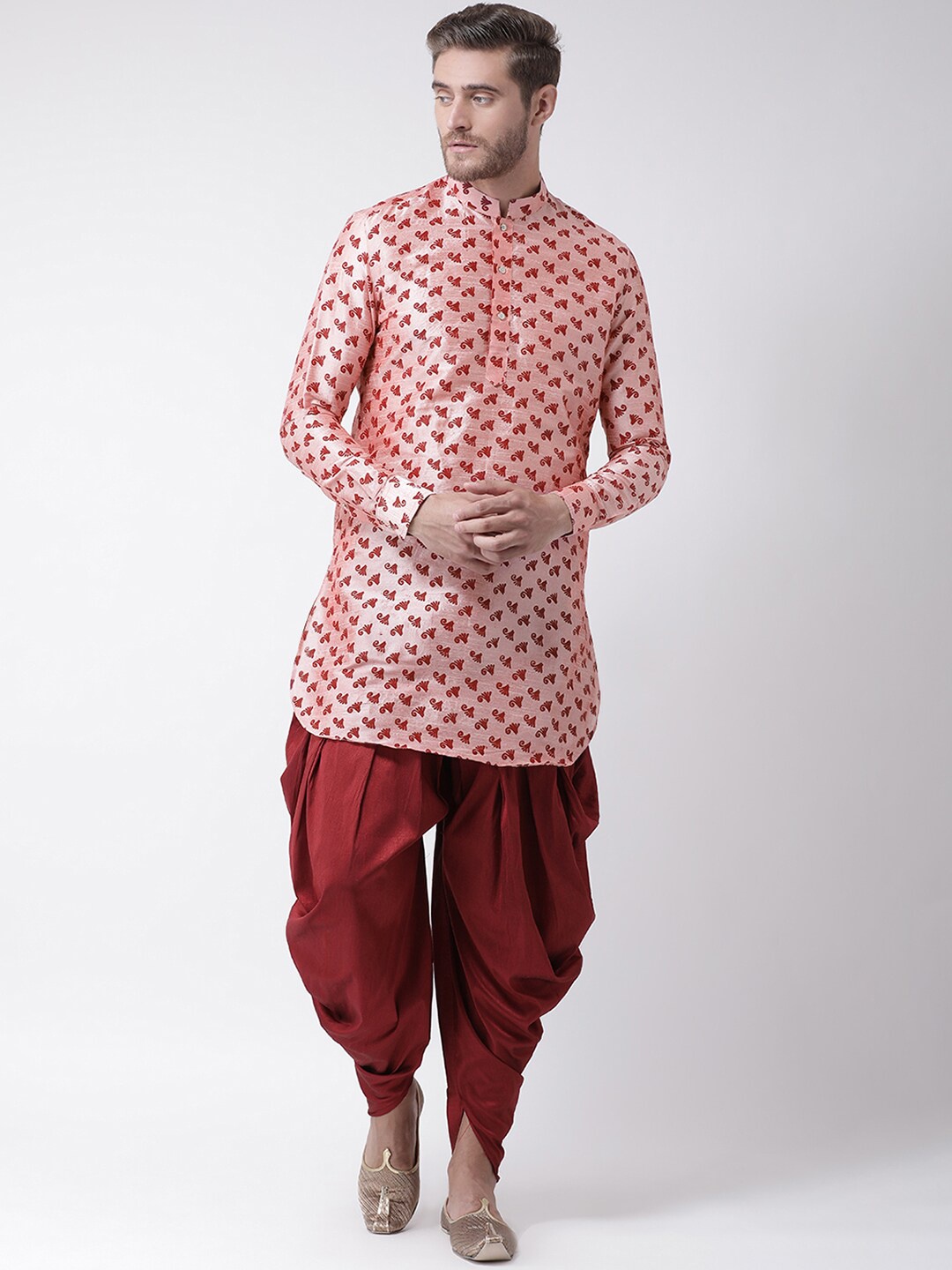 

DEYANN Men Peach-Coloured Printed Dupion Silk Kurta with Dhoti Pants