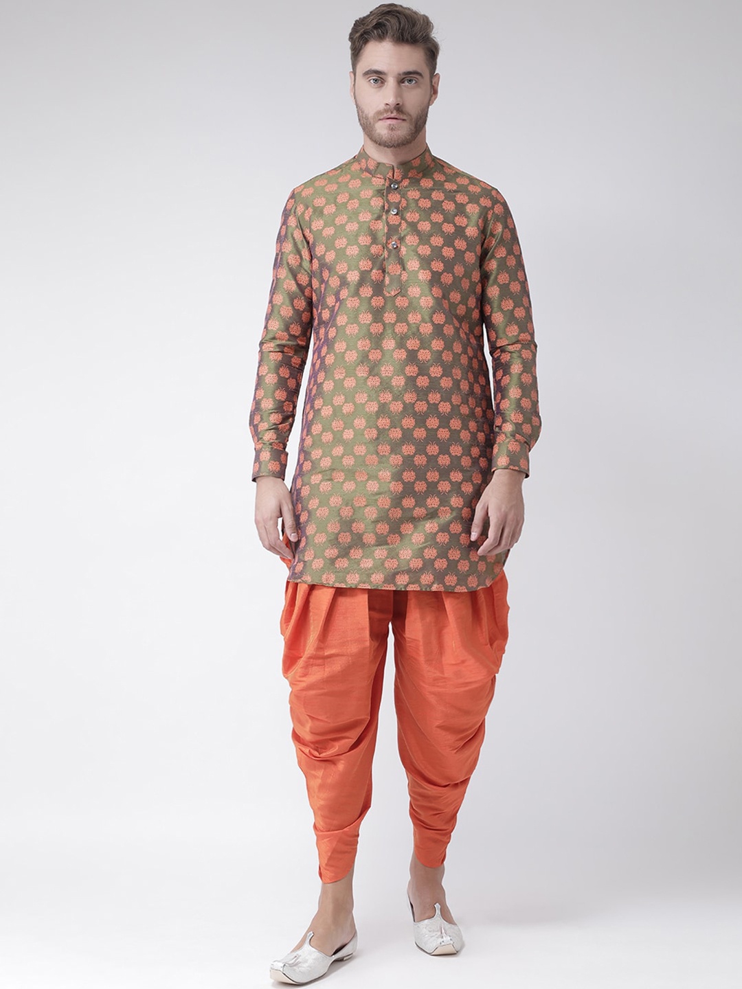 DEYANN Men Green & Orange Ethnic Motifs Printed Dupion Silk Kurta With Patiala