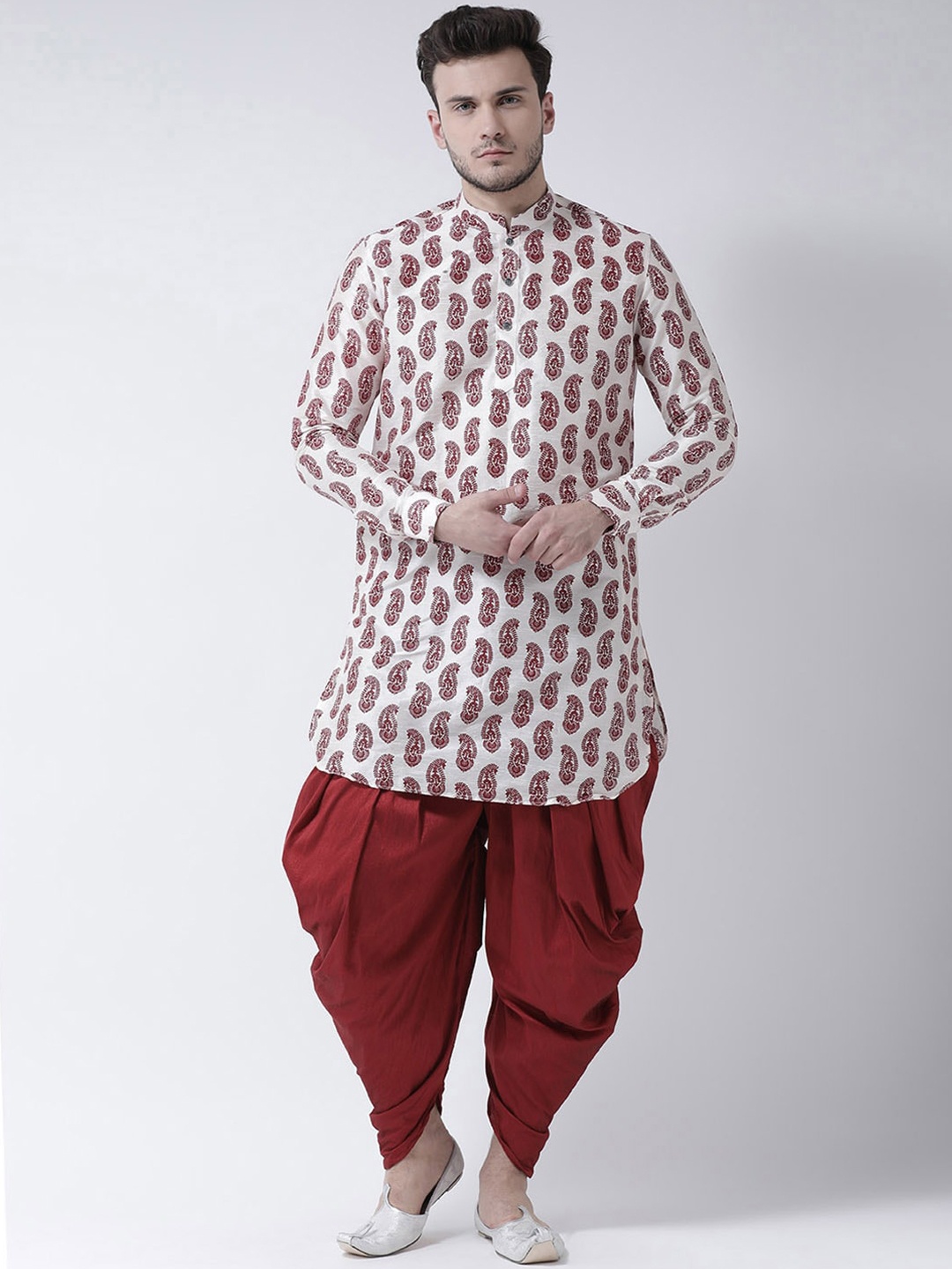

DEYANN Men Off White Ethnic Motifs Printed Dupion Silk Pathani Kurta with Patiala