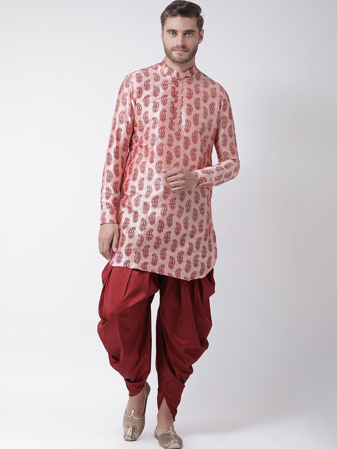 

DEYANN Men Peach-Coloured Paisley Printed Dupion Silk Pathani Kurta with Dhoti Pants