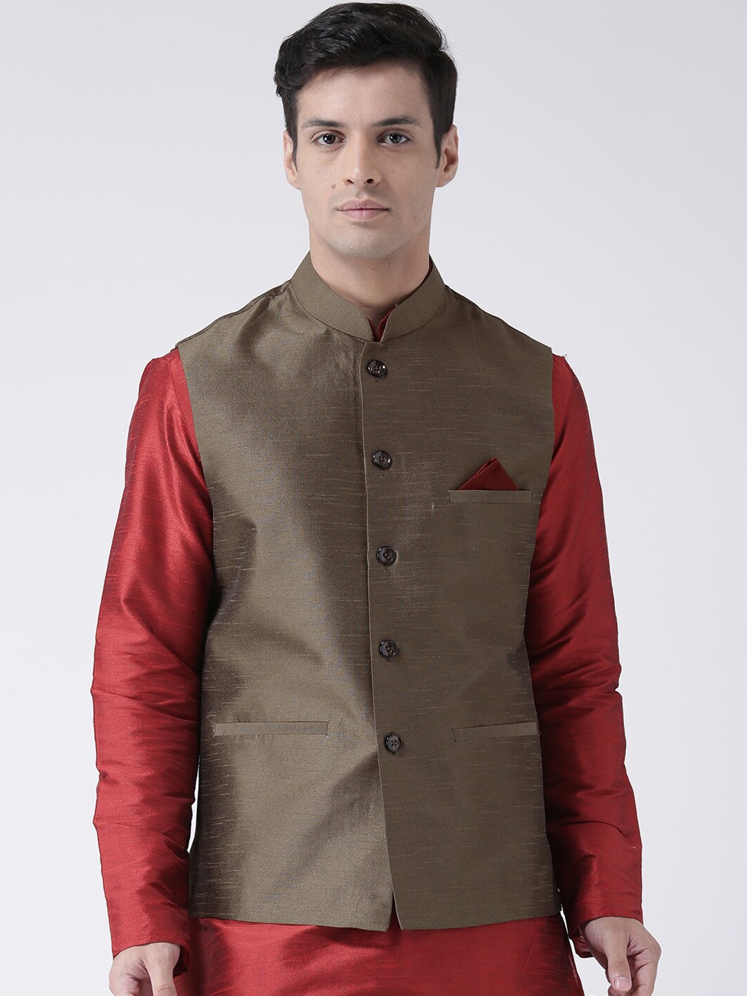 

DEYANN Men Brown Solid Woven Nehru Jacket