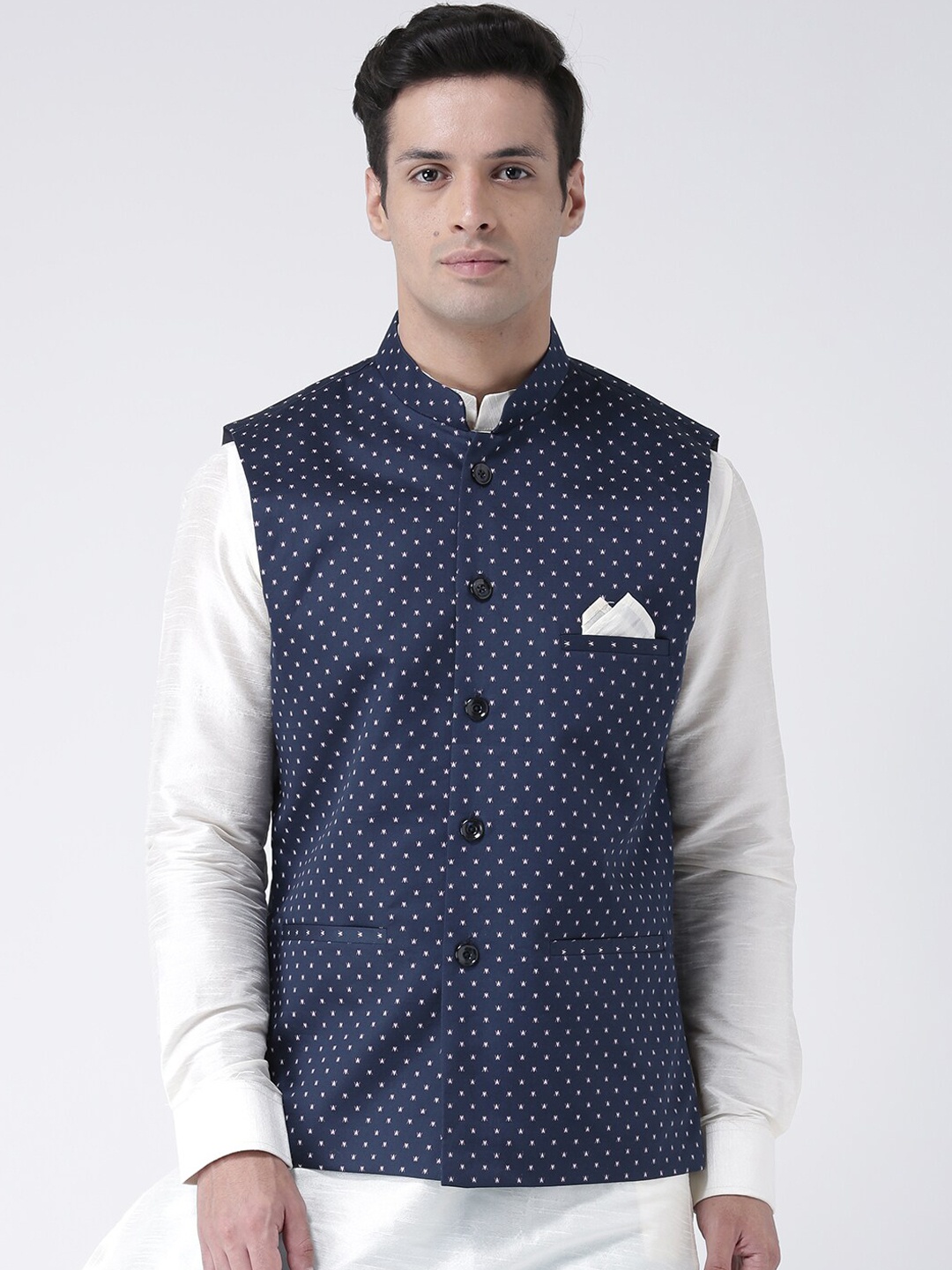 

DEYANN Men Navy Blue Printed Nehru Jacket