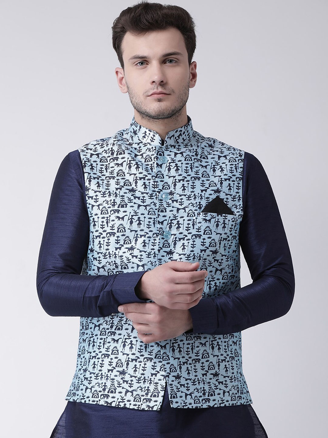 

DEYANN Men Blue Printed Dupion Silk Nehru Jacket