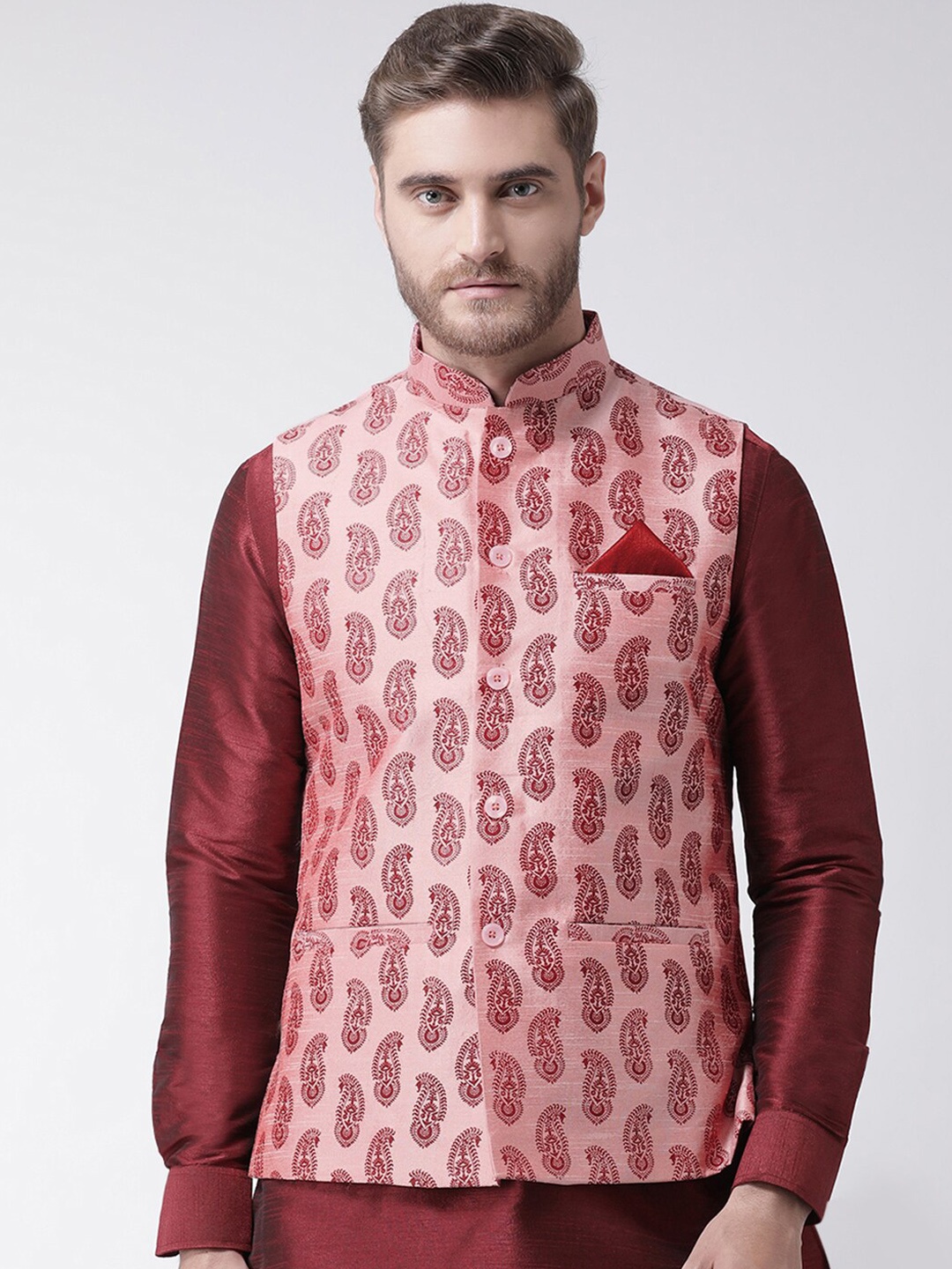 DEYANN Men Peach-Coloured & Maroon Printed Woven Nehru Jacket