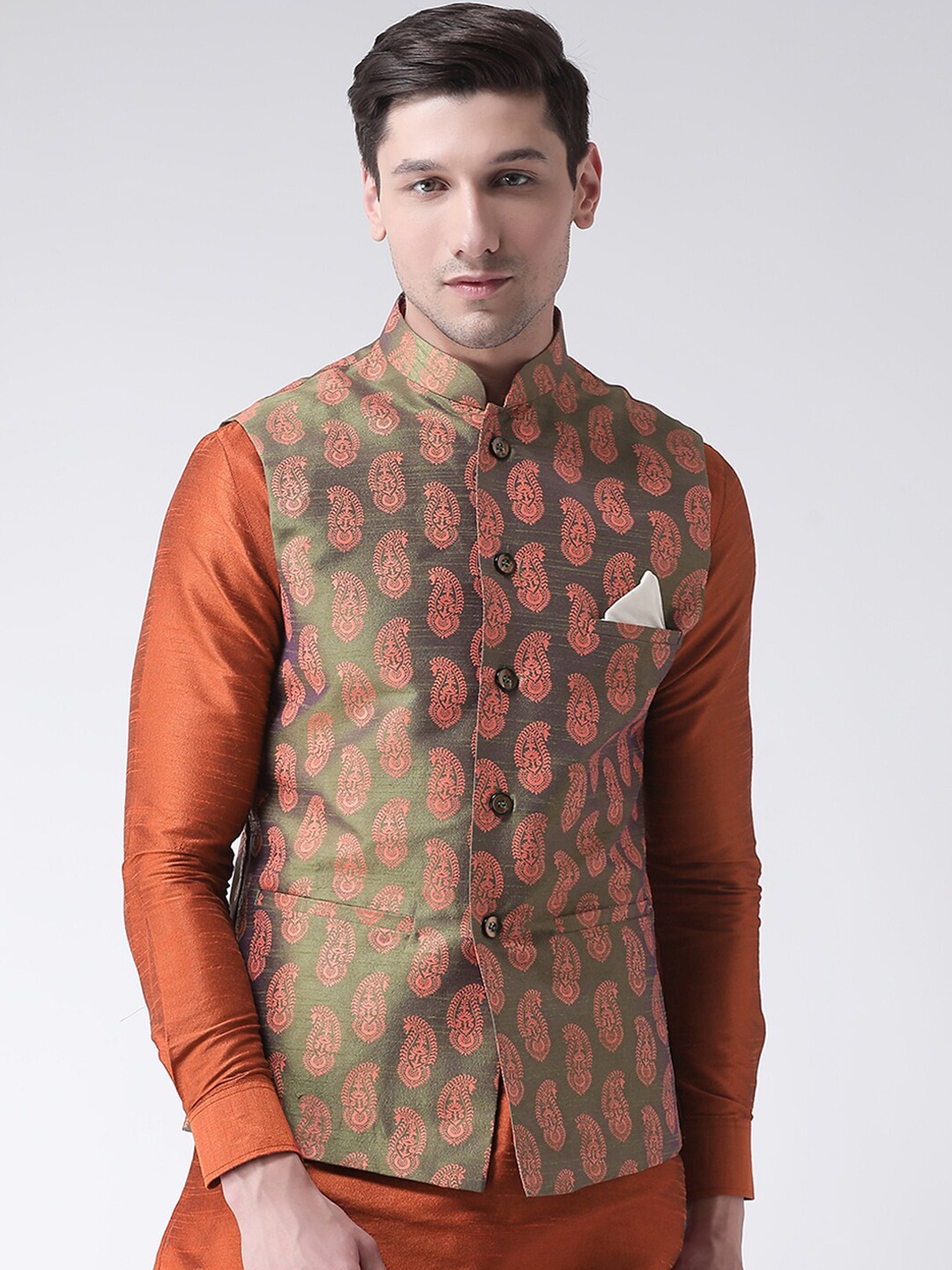 

DEYANN Men Green Printed Nehru Jacket