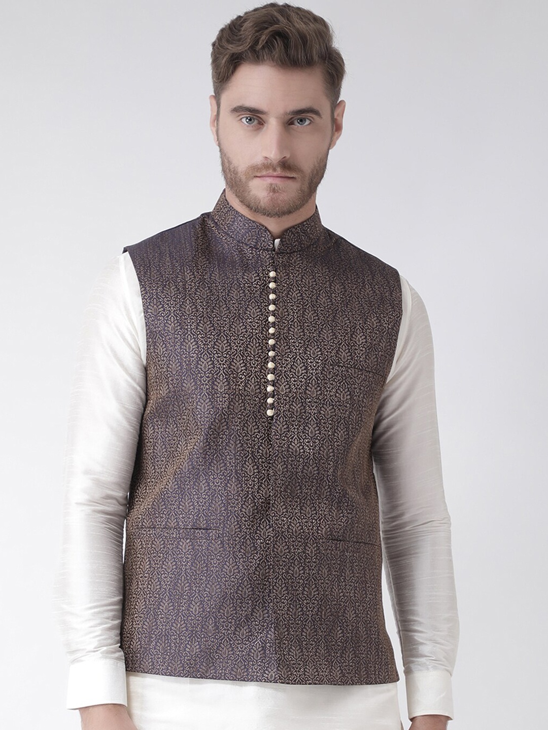 

DEYANN Men Navy Blue & Gold-Toned Woven-Design Jacquard Nehru Jacket