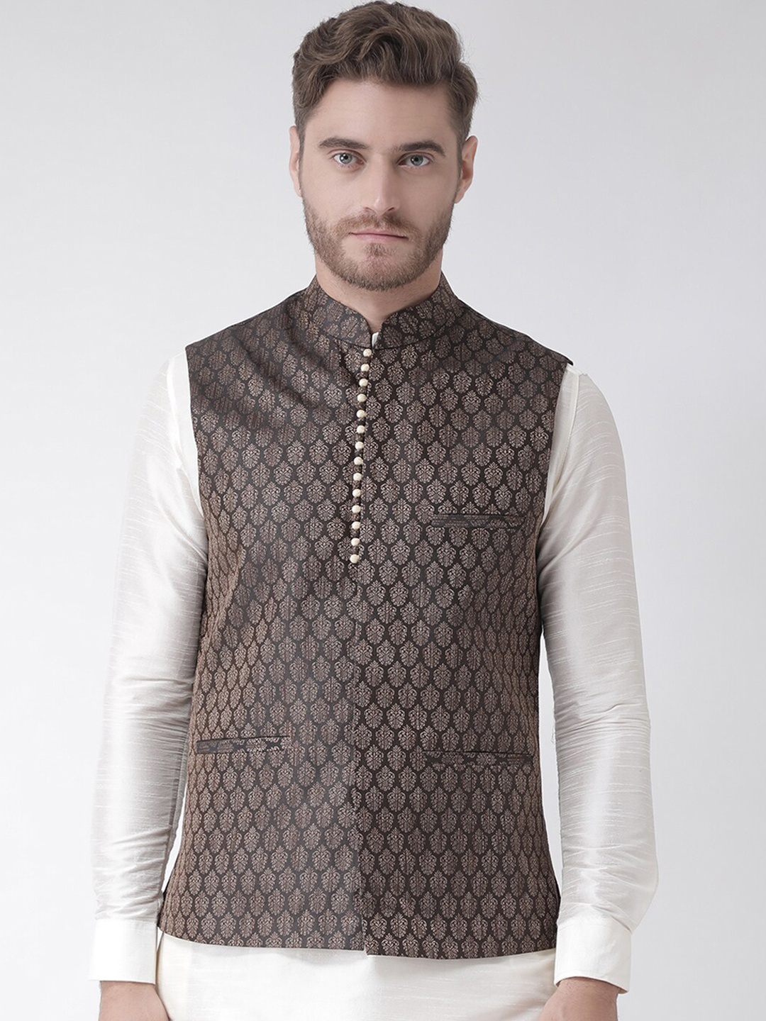 

DEYANN Men Black & Gold-Toned Woven-Design Jacquard Nehru Jacket