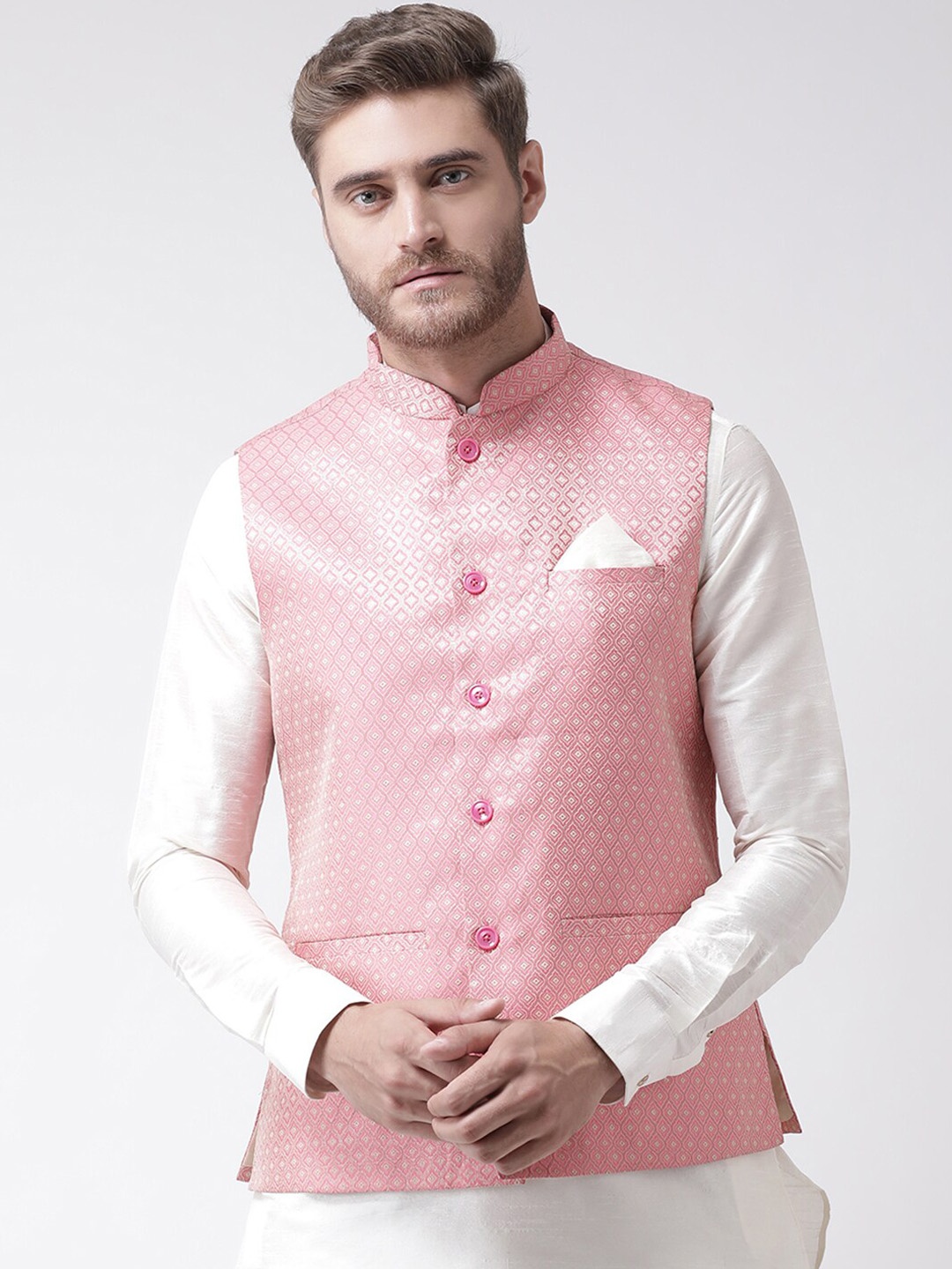 

DEYANN Men Pink Woven Design Nehru Jacket