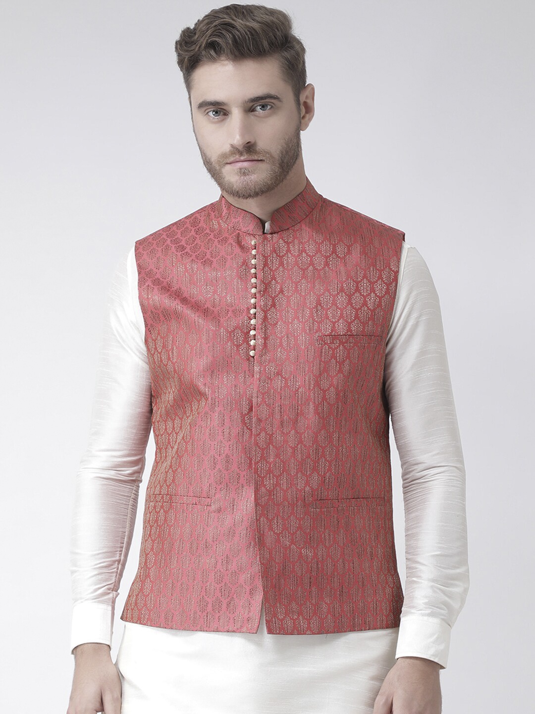 

DEYANN Men Red Woven Design Nehru Jacket