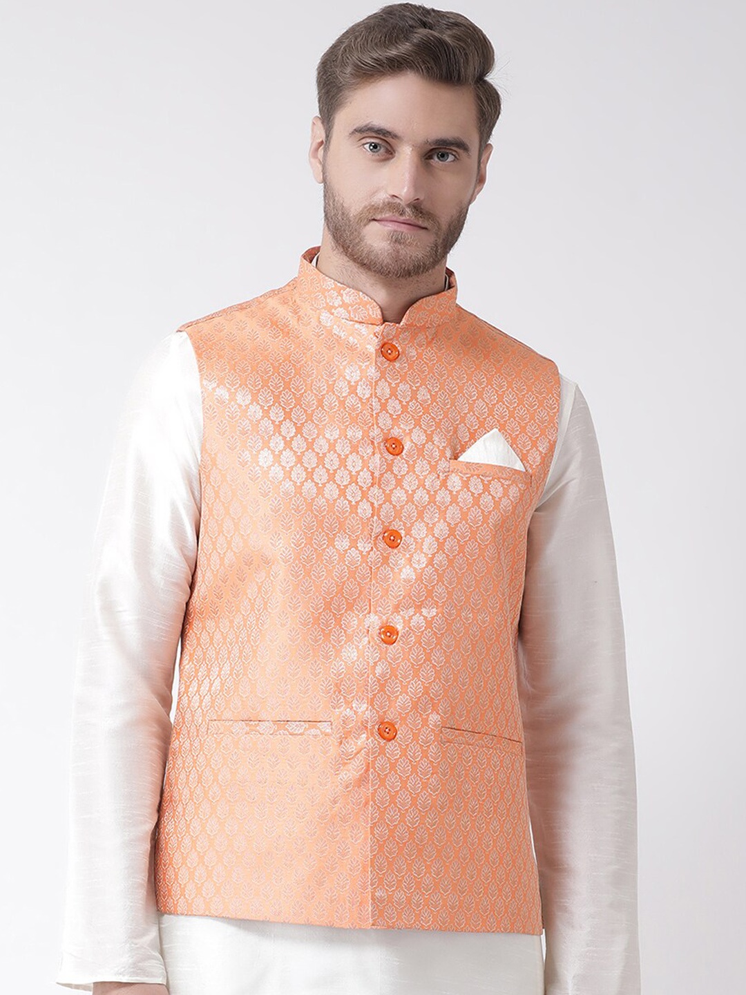 

DEYANN Men Orange & Silver-Toned Jacquard Nehru Jacket