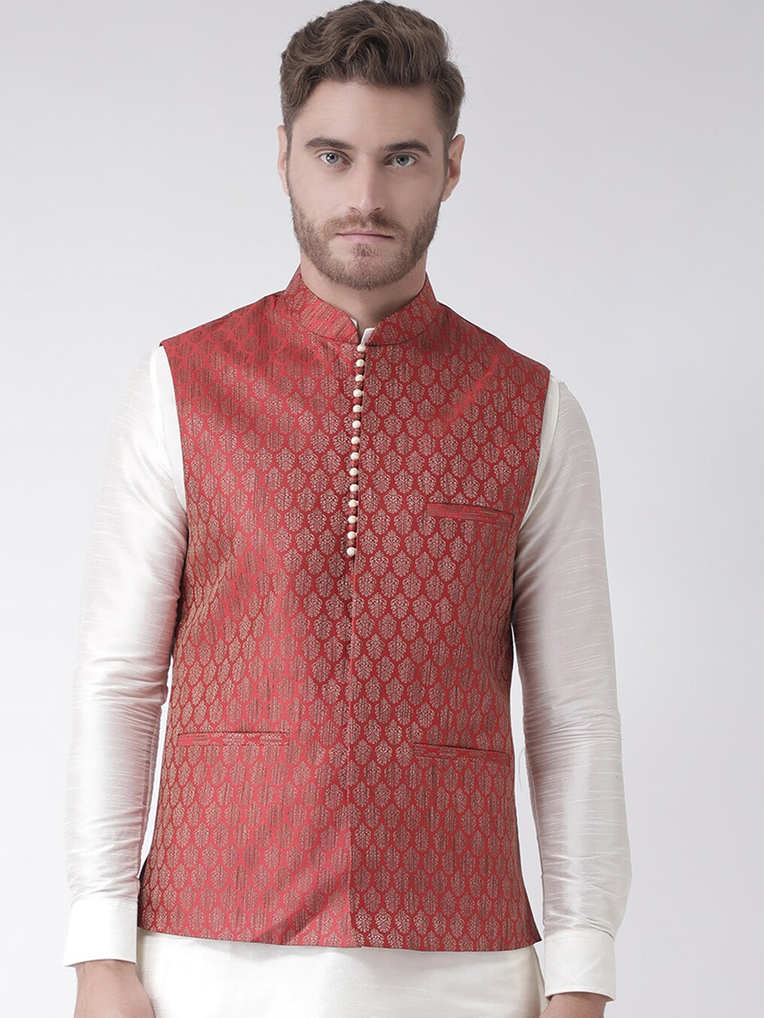 

DEYANN Men Maroon & Gold-Toned Woven Design Jacquard Nehru Jacket