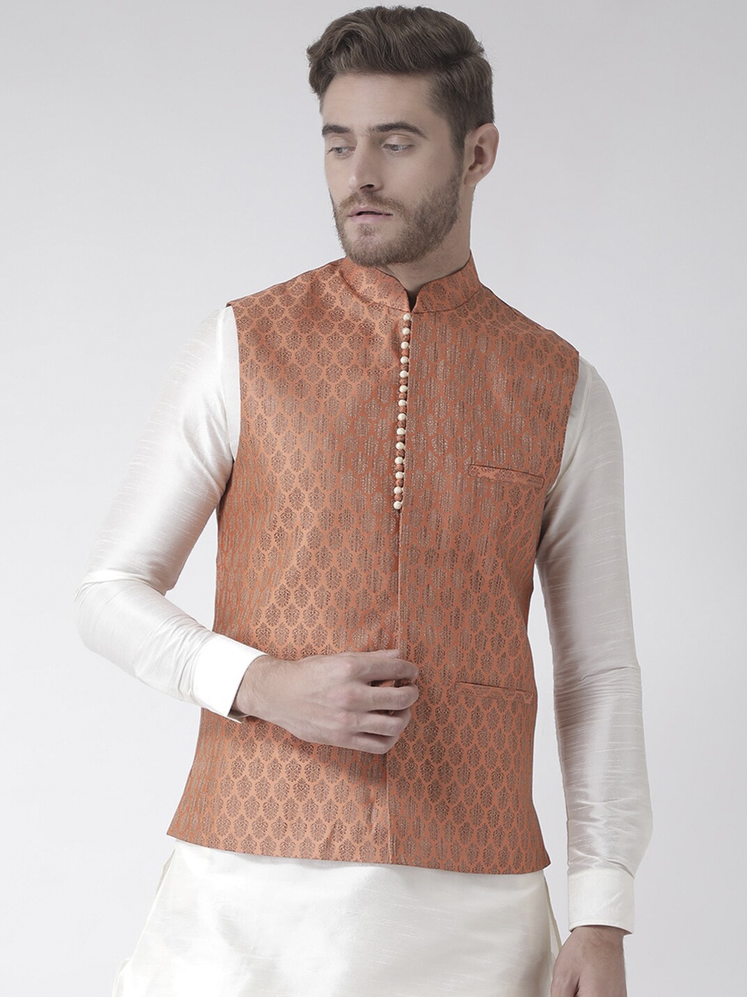 

DEYANN Men Orange Woven Design Nehru Jacket