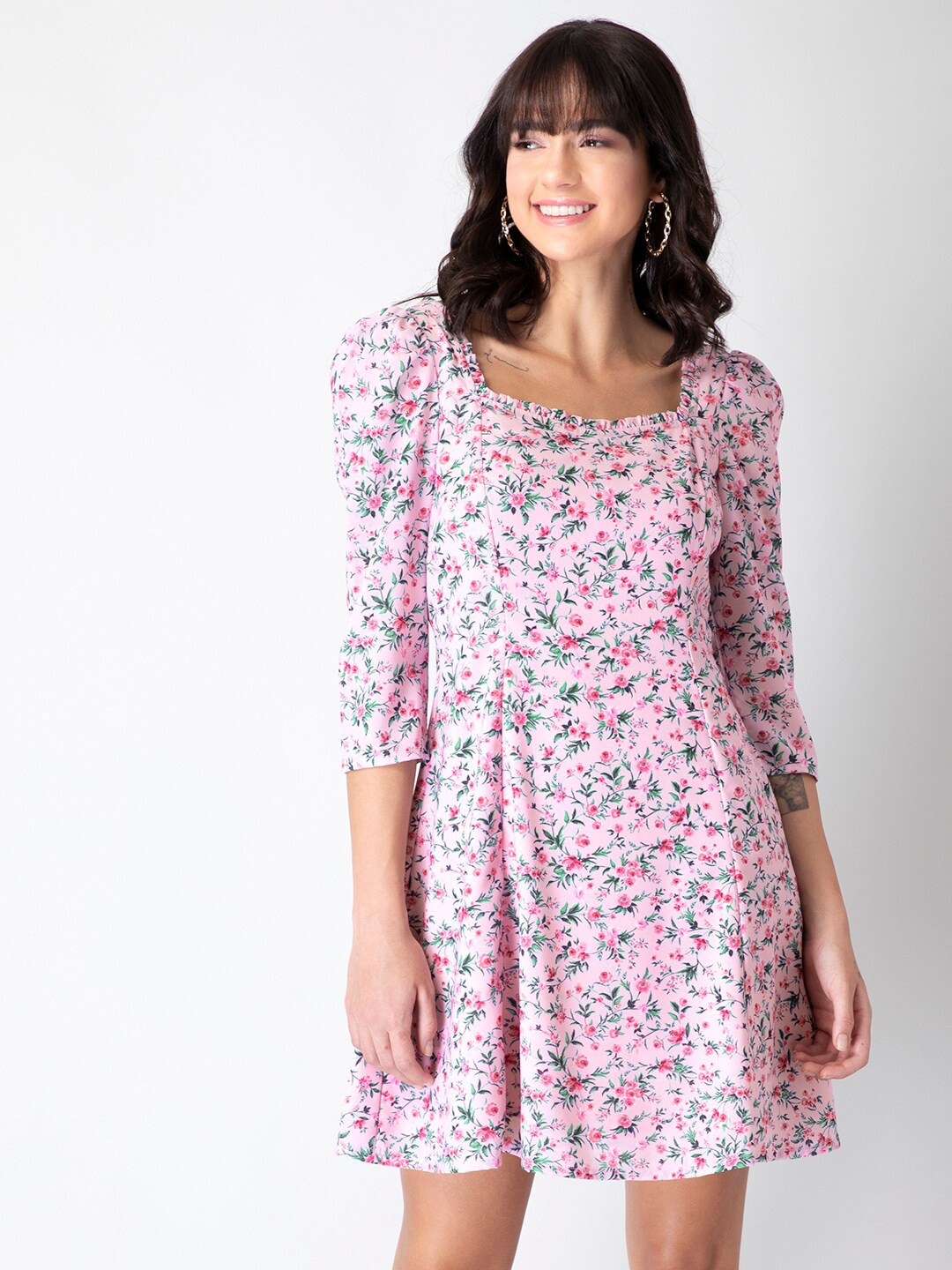 

FabAlley Pink Floral Georgette Ruffled A-Line Mini Dress
