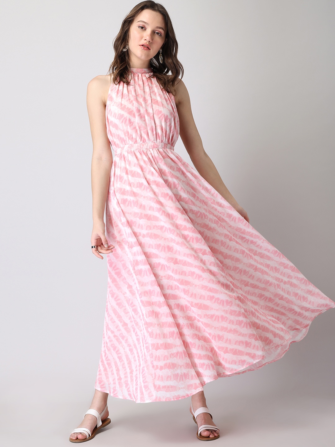 

FabAlley Pink & White Tie & Dye Halter Neck Maxi Dress