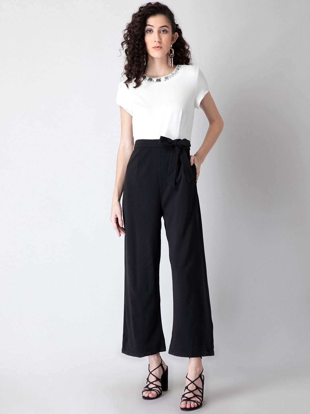 

FabAlley Black & White Embellished Neck Basic Jumpsuit