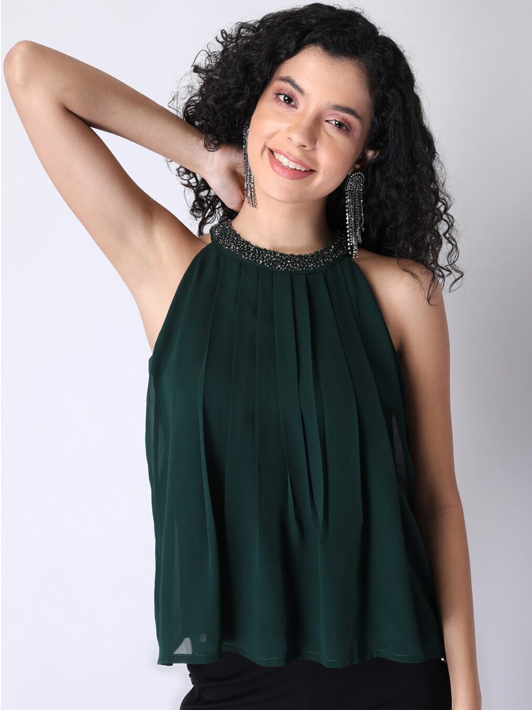 

FabAlley Green Jewel Neck Embellished Top