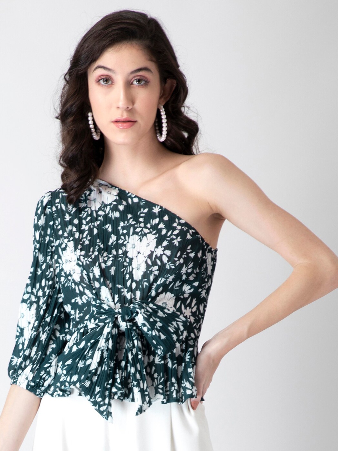 

FabAlley Dark Green & White Floral One Shoulder Neck Tie-Ups Georgette Cinched Waist Top