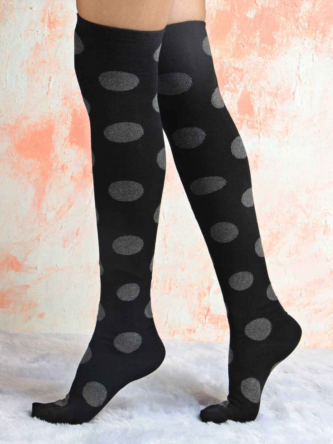 

Bonjour Women Black Polka Dots High Knee Length Socks