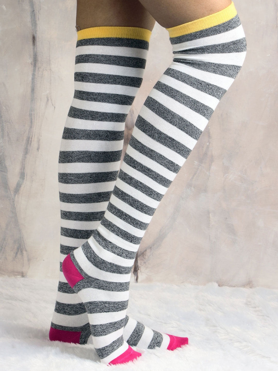 

Bonjour Women White & Grey Striped High Knee-Length Socks