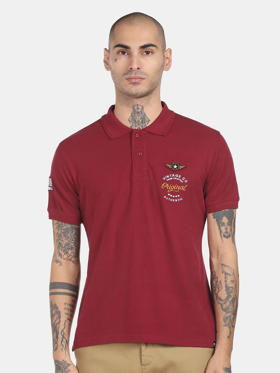 

Ruggers Men Maroon Typography Polo Collar Pure Cotton Applique T-shirt